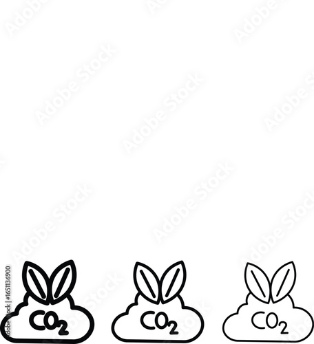 Cloud co2 reduction vector icons. Cloud co2 symbol with down arrow vector outline and silhouette icon set. Reduce co2 gas icon set