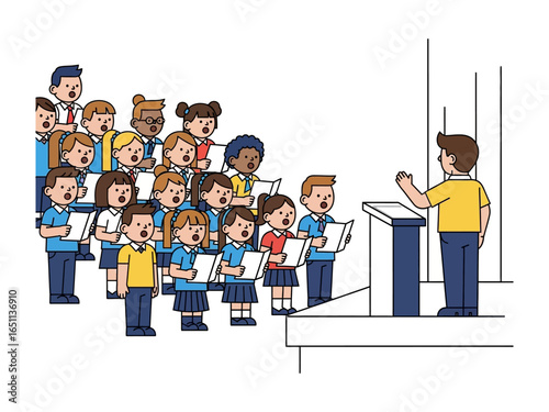 Choir Singing: A vibrant, digitally-drawn illustration captures a choir in full voice, singing with passion and dedication, led by their conductor.