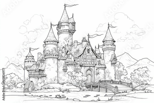 Basic outline of a fairy-tale castle with three towers, waving flags, and a drawbridge over a moat with lily pads, perfect for young coloring enthusiasts.