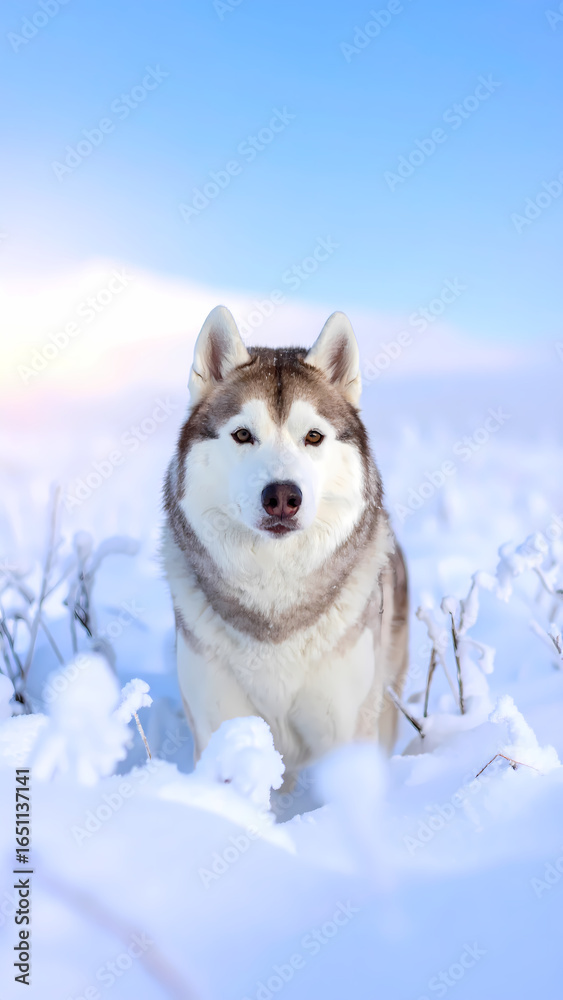 Naklejka premium Happy siberian husky dog posing for portrait in deep winter snow. This beautiful outdoor pet animal enjoys cold on sunny day