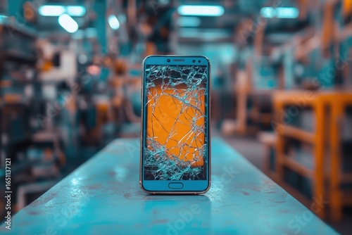 A modern blue smartphone sits on a table with a severely cracked screen, backed by a blurred industrial setting.