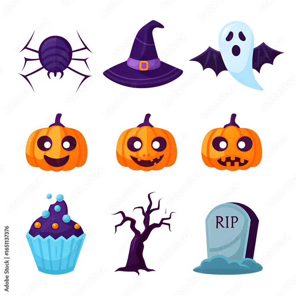 Fototapeta premium Festive halloween icons collection featuring pumpkins ghosts bats and spooky elements on orange background