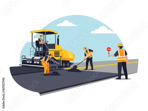 Road Construction: An illustration of road construction, featuring asphalt laying and workers at work, with attention to details and vibrant colours.