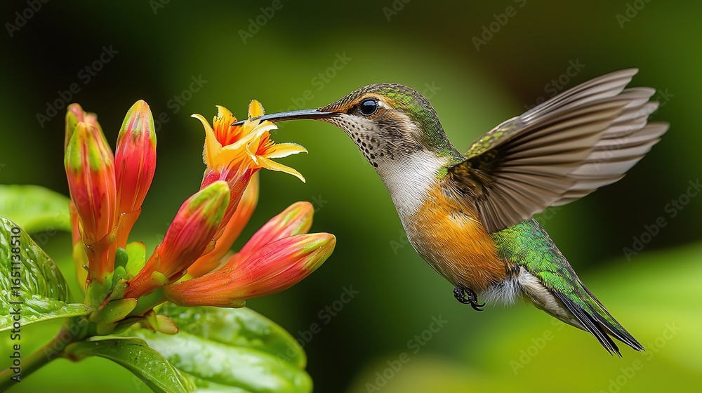 Fototapeta premium Purple-Bellied Hummingbird Feeding on Heliconia Bihai Flowers in Galapagos with Natural Light Low-Angle View