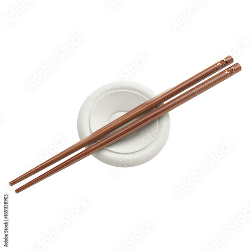 Elegant wooden chopsticks rest gracefully on a minimalist white saucer, perfect for showcasing Asian cuisine presentation and dining culture.