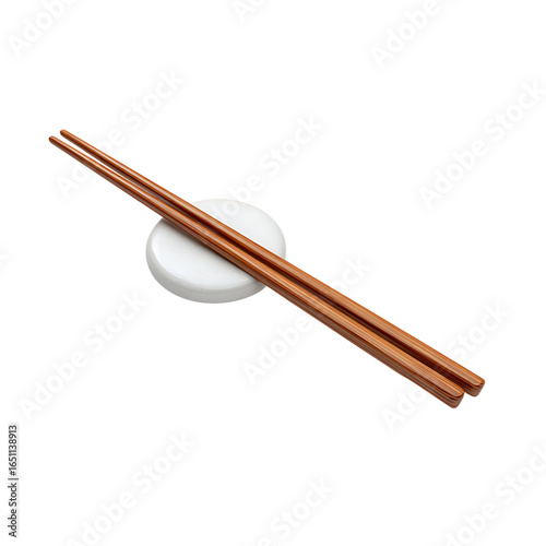 Elegant wooden chopsticks resting on a clean white chopstick rest, perfect for culinary presentations and Asian dining experiences.