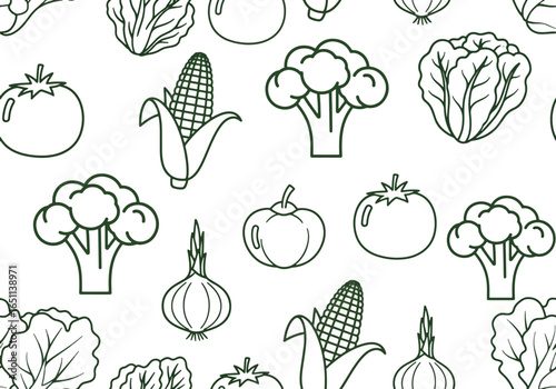 Seamless pattern with vegetables: broccoli, tomato, corn, onion, pumpkin, lettuce.