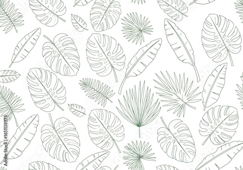 Seamless pattern of hand-drawn green tropical leaves, including monstera and palm fronds, on a white background.