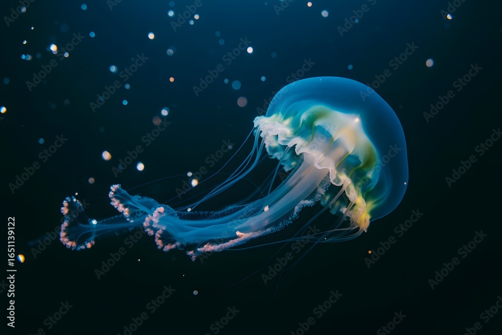 Naklejka premium Bioluminescent jellyfish with tentacles floating in dark ocean water