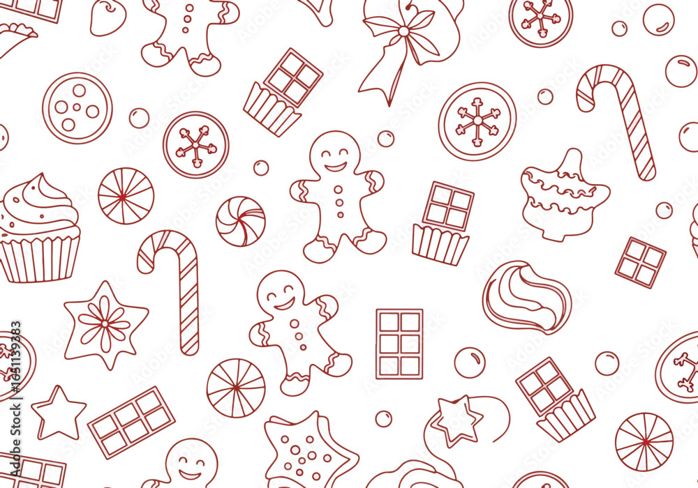 Seamless pattern with gingerbread man, candy cane, chocolate and other sweets. Seamless pattern with gingerbread man, candy cane, chocolate and other sweets.