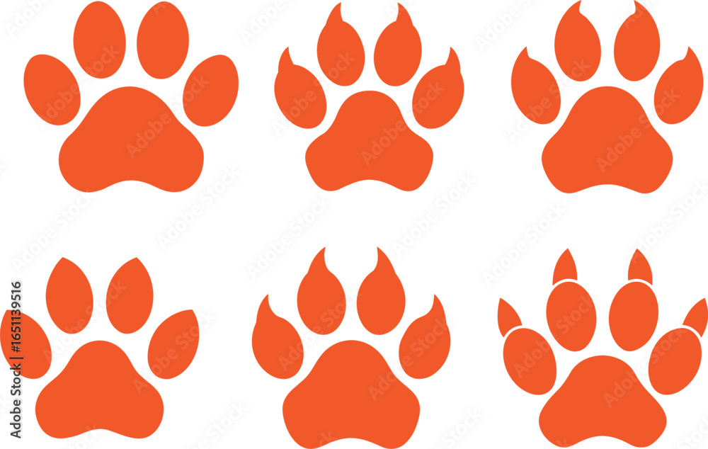 Fototapeta premium Paw Vector trail of animal. Dog, cat, puppy, fox, wolf tracks isolated on white background. Animal tracks in silhouette. Wild animal footsteps.