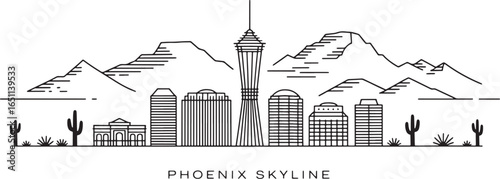 Phoenix Skyline Outline Vector Illustration with Desert Landscape and Cityscape Design