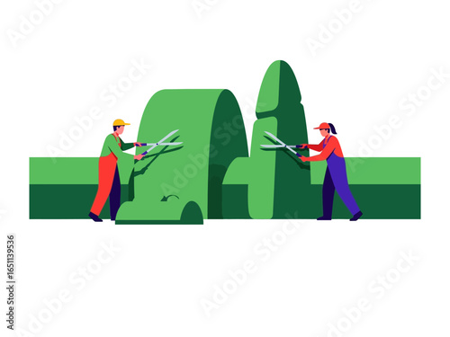   Meticulous Greenery Shaping: Two dedicated workers meticulously sculpt and trim vibrant green bushes with precision scissors, shaping them into the form of letters in a clean, minimalist style.