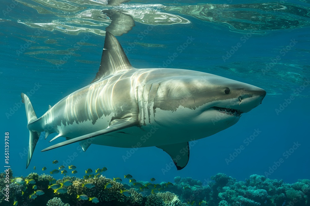 Fototapeta premium Majestic great white shark swimming gracefully underwater