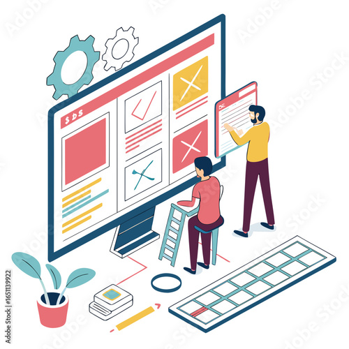 Two people collaborating on a website design project using a large computer screen and a tablet interface showcasing development and planning