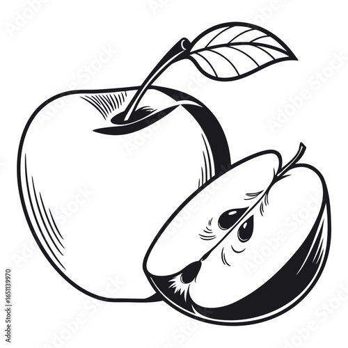 A stylized black and white illustration of a whole apple with a leaf and stem next to a perfectly cut half apple revealing its seeds and core