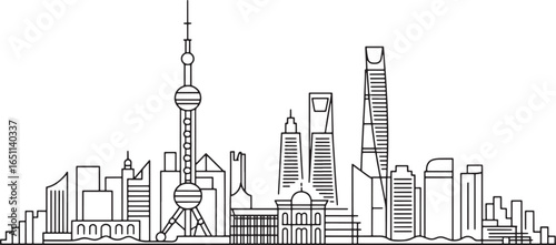 Shanghai Cityscape Outline Vector Graphic with Iconic Buildings and Modern Architecture
