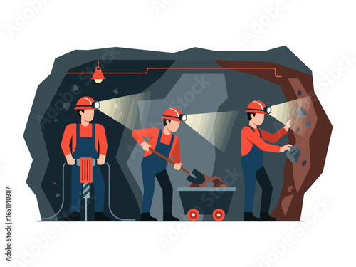 Mining Operation: A group of workers, equipped with helmets and headlamps, meticulously work within the confines of a deep, dark mine, each engaged in specialized tasks like drilling, shoveling.