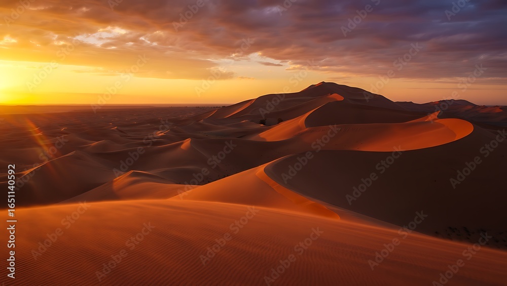 Obraz premium Golden desert dunes at sunset with dramatic clouds and distant mountains