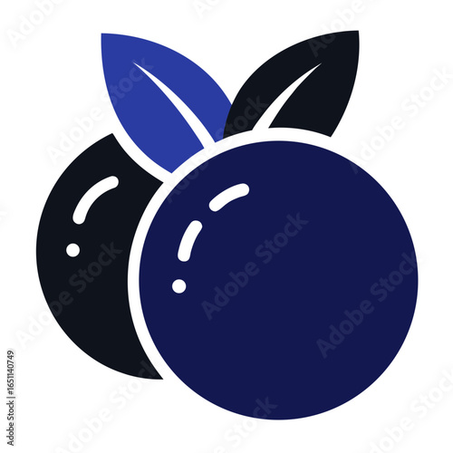 Stylized graphic illustration of two dark blue blueberries with two leaves one dark blue and one lighter blue against a white background