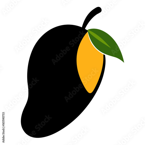 Stylized graphic illustration of a black mango with a slice of yellow mango flesh and a green leaf on a white background