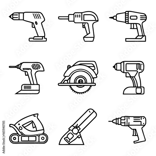 Nine black line art icons of power tools and electric devices drill power drill