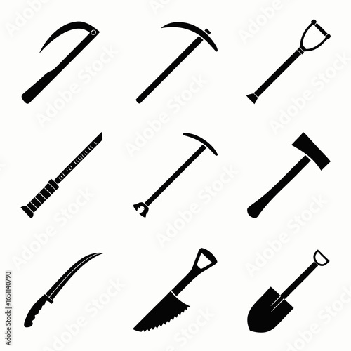 Nine black silhouette farming and gardening tools on white background sickle scythe