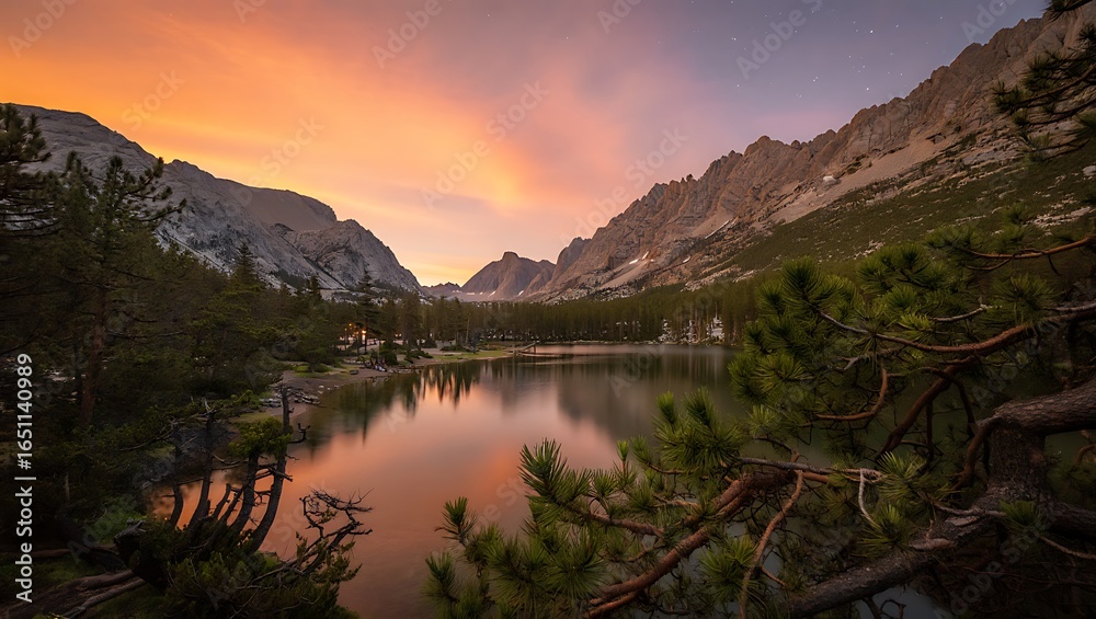 Fototapeta premium Majestic mountain lake reflects a vibrant sunset sky with fiery orange and purple hues