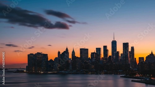 Wallpaper Mural Manhattan Skyline at Sunset - The New York City skyline is silhouetted against a vibrant sunset, with warm orange and yellow hues reflecting on the water. Torontodigital.ca