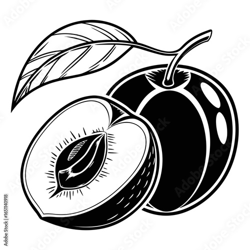 A stylized black and white illustration of a whole plum and a plum cut in half revealing its pit and flesh with a leaf and stem