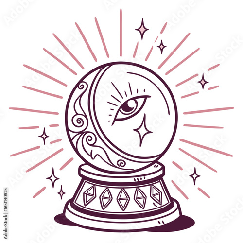 A fortune tellers crystal ball with an eye and rays, a magical tool for predicting the future, isolated on white background