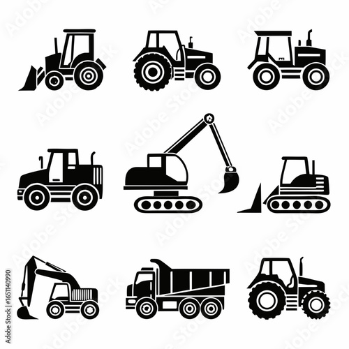 Nine black silhouette illustrations of construction and farm vehicles tractor bulldozer