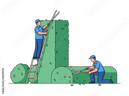 Trimming The Garden: Two gardeners meticulously shape a lush hedge, sculpting it with precision and care in a vibrant display of landscaping artistry.