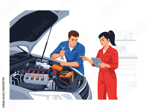 Car Mechanics at Work: A dedicated mechanic and a knowledgeable colleague diligently inspect and service a car, ensuring peak performance in a detailed illustration of automotive repair.