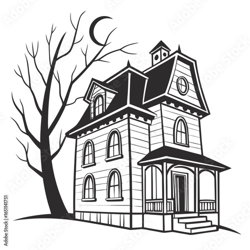 A spooky victorian haunted house with a bare tree and crescent moon in the night sky rendered in a classic black and white graphic style