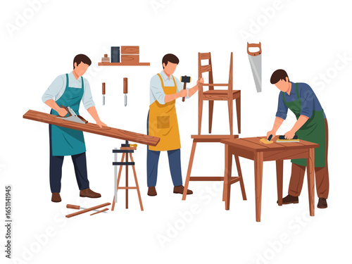 Crafting with Precision: A team of skilled artisans, adorned in aprons, meticulously collaborate to bring their intricate woodworking vision to life, utilizing an array of tools