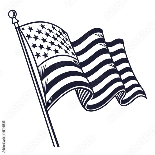 A stylized black and white illustration of the american flag waving proudly on a flagpole against a white background