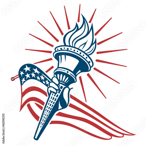 Symbolic illustration of the statue of liberty s torch and american flag representing freedom and patriotism