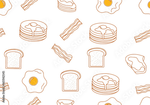 Breakfast themed seamless pattern with pancakes, bacon, eggs and toast.