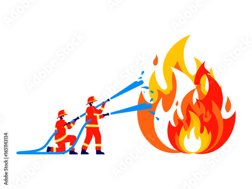 Firefighters Battling Flames: Courageous firefighters, in full gear, bravely combat a raging inferno, their water hoses creating a powerful defense against the destructive flames.