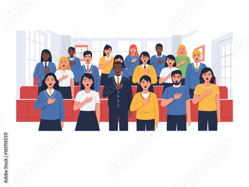 Patriotic Pledge: A diverse group of people stand together in unity, placing their hands over their hearts in a gesture of allegiance.