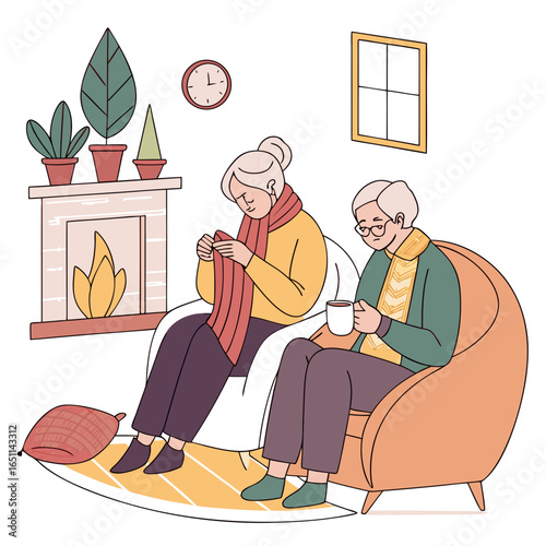 Cozy elderly couple enjoying a warm evening by the fireplace knitting and drinking hot beverages together