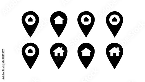 Collection of location pin icons with house symbols isolated on white background, representing real estate, home, and destination concepts in a modern design