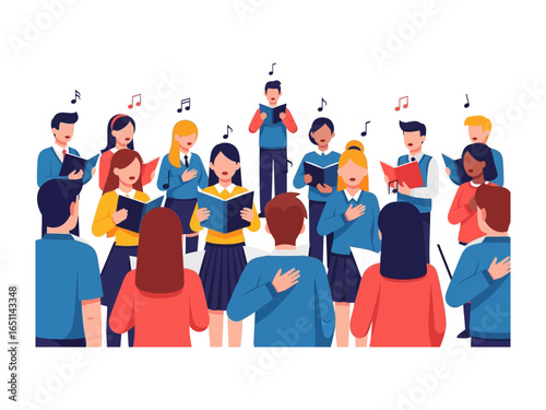 Harmony in Song: A vibrant illustration depicts a choir in full voice, their voices harmonizing as they sing with passion, capturing the essence of music's unifying power.