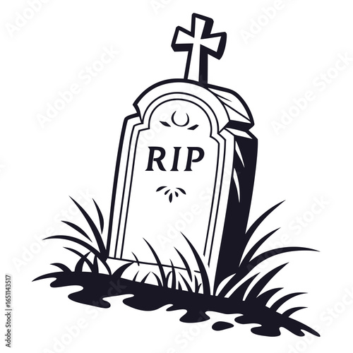 Illustration of a tombstone with rip inscription and a cross isolated on white background, representing death, burial, and remembrance in a cemetery setting