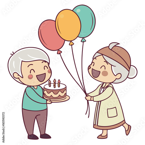 Joyful elderly couple celebrating a birthday together with a cake and balloons in a cute cartoon style illustration