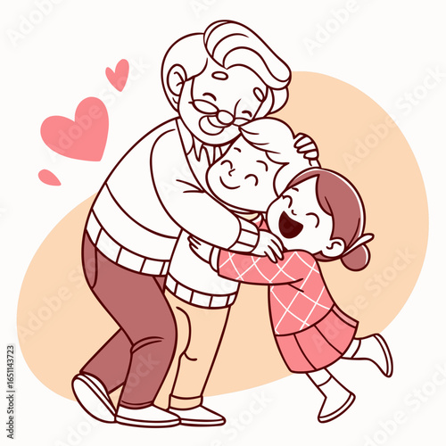 A loving grandfather shares a warm embrace with his two happy grandchildren surrounded by hearts and a soft peach background symbolizing affection and family connection
