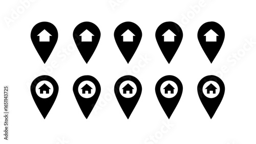 Ten black location pin icons with a house and an arrow pointing up inside isolated on white background