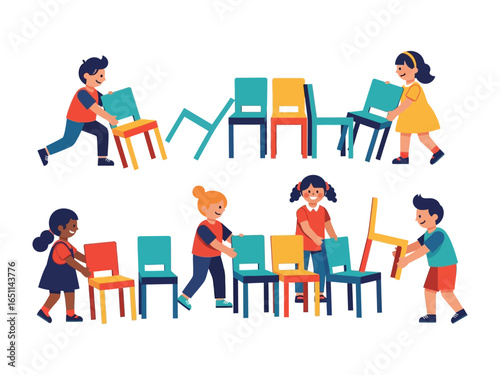 Children Playing Musical Chairs: A cheerful illustration capturing a vibrant game of musical chairs, with a group of diverse children playfully maneuvering and competing for seats.