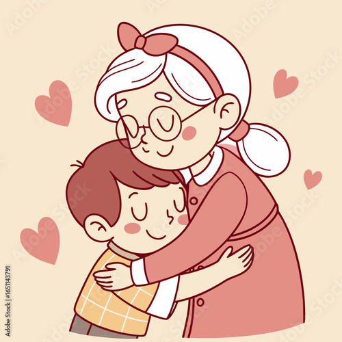 A loving grandmother with glasses and a pink bow embraces her grandson tightly surrounded by soft pink hearts on a pale background